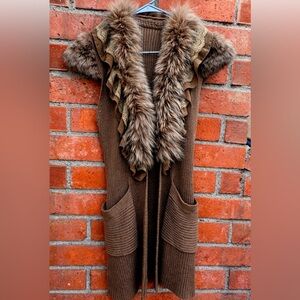Vintage fox fur collar  and Lace Trimmed Brown wool blend vest